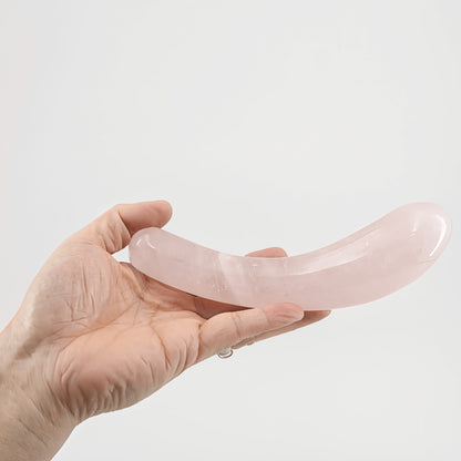 Arcella handcrafted rose quartz crystal wand made from natural rose quartz for meditation, mindfulness, energy work, relaxation, chakra balancing, and holistic self-care.