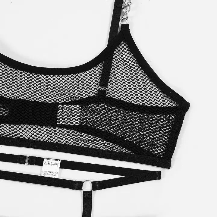 Bra Set See-through Mesh Chain Sexy Lingerie Garter