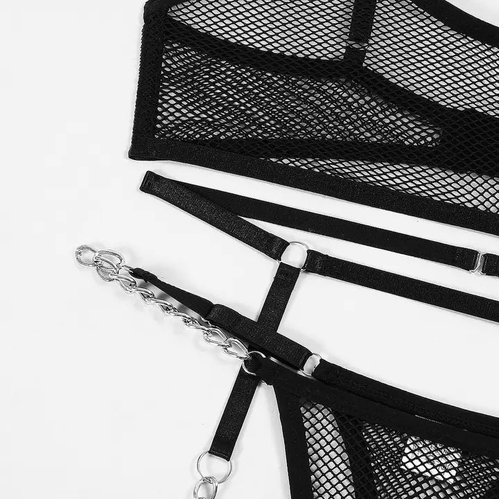 Bra Set See-through Mesh Chain Sexy Lingerie Garter
