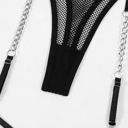 Bra Set See-through Mesh Chain Sexy Lingerie Garter