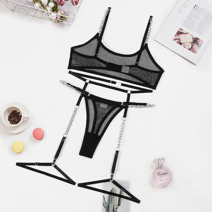 Bra Set See-through Mesh Chain Sexy Lingerie Garter
