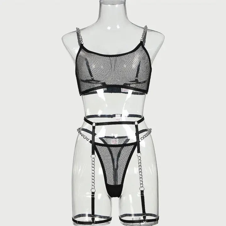Bra Set See-through Mesh Chain Sexy Lingerie Garter