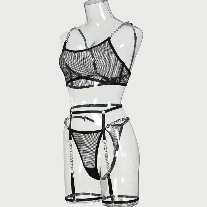 Bra Set See-through Mesh Chain Sexy Lingerie Garter