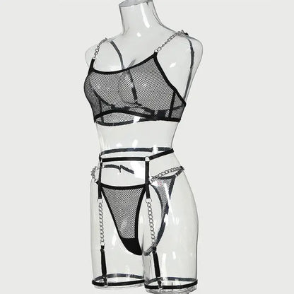 Bra Set See-through Mesh Chain Sexy Lingerie Garter