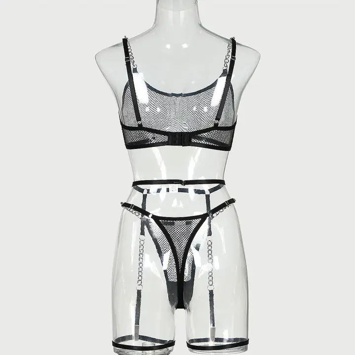 Bra Set See-through Mesh Chain Sexy Lingerie Garter