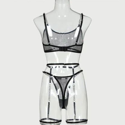 Bra Set See-through Mesh Chain Sexy Lingerie Garter