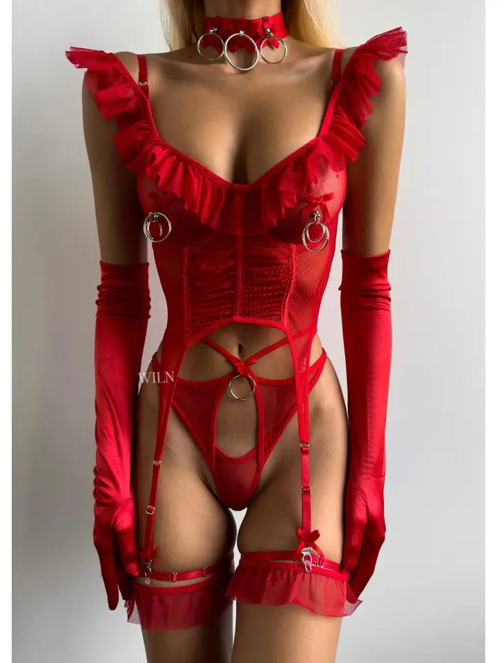HEAT 3-Piece Mesh Lingerie Set – Sexy Bra, Panty & Garter Belt