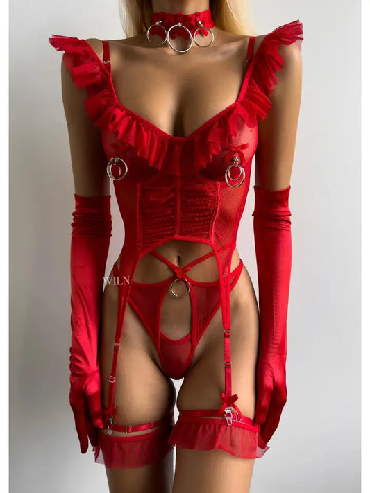 HEAT 3-Piece Mesh Lingerie Set – Sexy Bra, Panty & Garter Belt