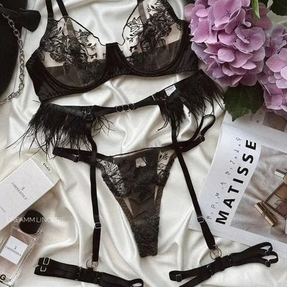 Ladies Color Block Floral Embroidery 3PCS Lingerie Set SKLG4103
