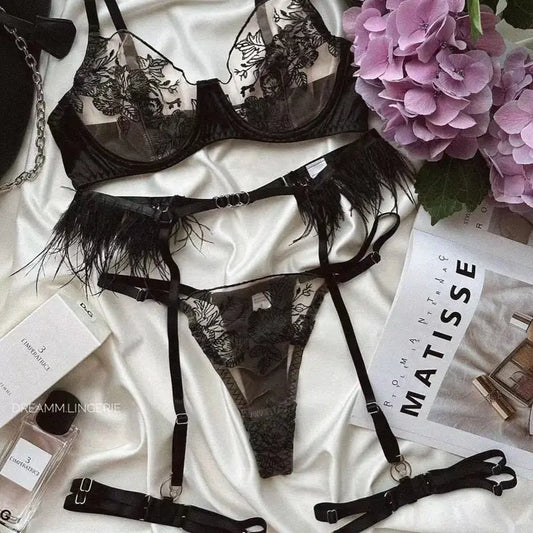 Ladies Color Block Floral Embroidery 3PCS Lingerie Set SKLG4103