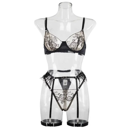 Ladies Color Block Floral Embroidery 3PCS Lingerie Set SKLG4103