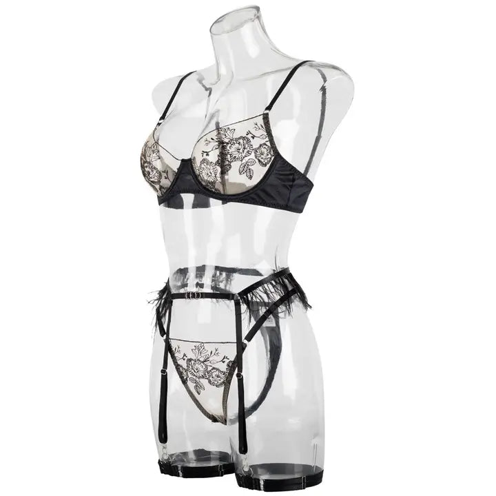 Ladies Color Block Floral Embroidery 3PCS Lingerie Set SKLG4103