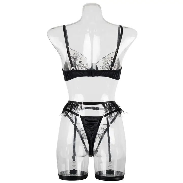 Ladies Color Block Floral Embroidery 3PCS Lingerie Set SKLG4103