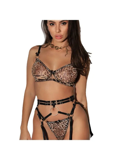 Ladies Leopard See Through 3PCS Lingerie Set SKLG4114