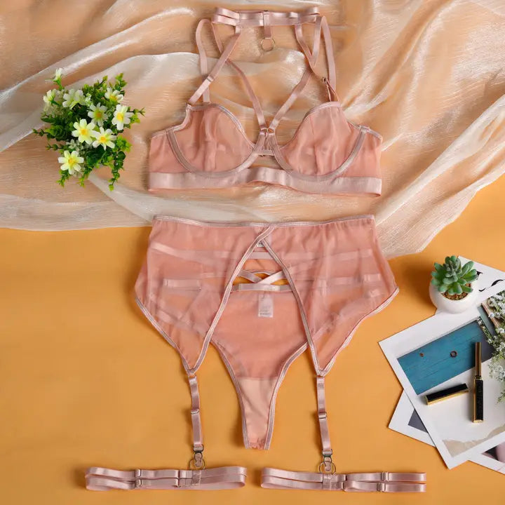 Ladies Solid Color 3PCS Lingerie Set