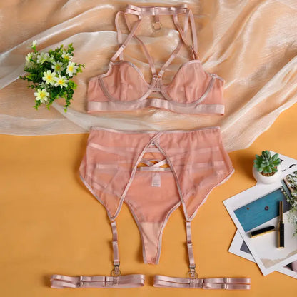 Ladies Solid Color 3PCS Lingerie Set