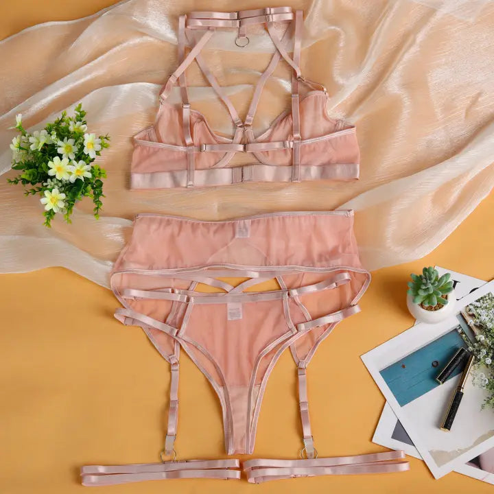Ladies Solid Color 3PCS Lingerie Set