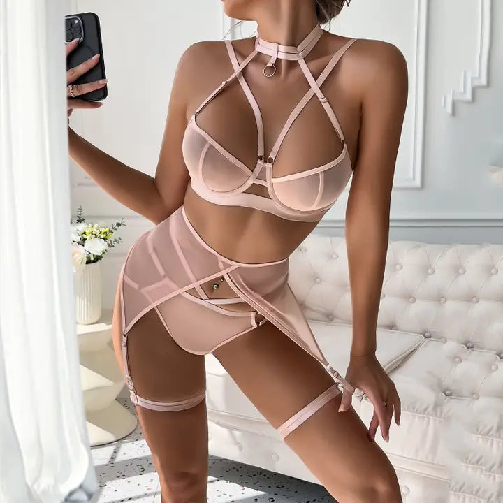 Ladies Solid Color 3PCS Lingerie Set