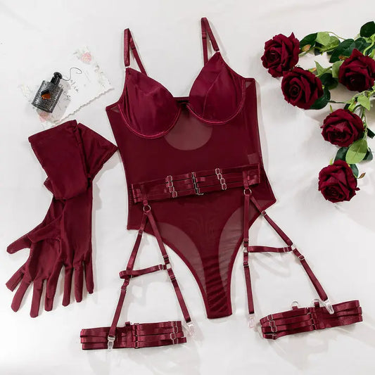 Sexy Lace-up Slim Fit Patchwork Three-Piece Underwear with Gloves