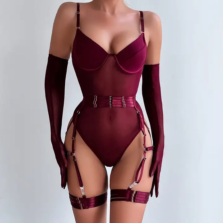 Sexy Lace-up Slim Fit Patchwork Three-Piece Underwear with Gloves