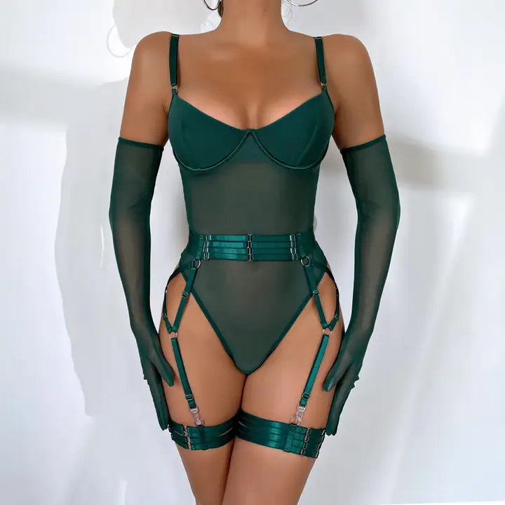 Sexy Lace-up Slim Fit Patchwork Three-Piece Underwear with Gloves