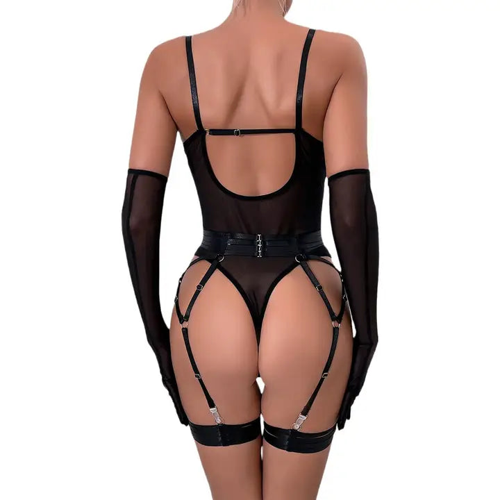 Sexy Lace-up Slim Fit Patchwork Three-Piece Underwear with Gloves