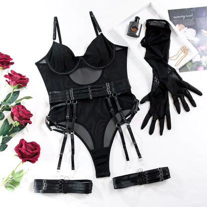 Sexy Lace-up Slim Fit Patchwork Three-Piece Underwear with Gloves