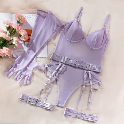 Sexy Lace-up Slim Fit Patchwork Three-Piece Underwear with Gloves