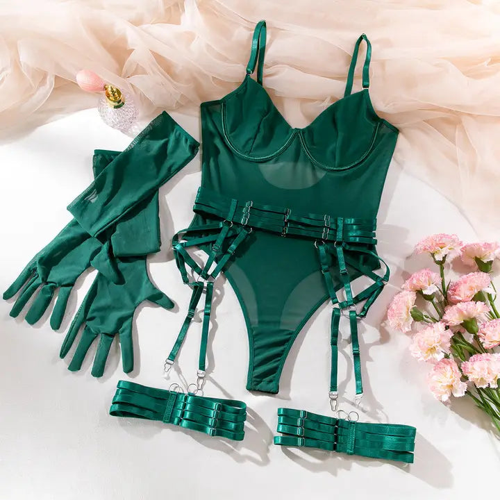 Sexy Lace-up Slim Fit Patchwork Three-Piece Underwear with Gloves
