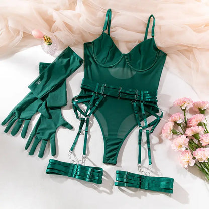 Sexy Lace-up Slim Fit Patchwork Three-Piece Underwear with Gloves