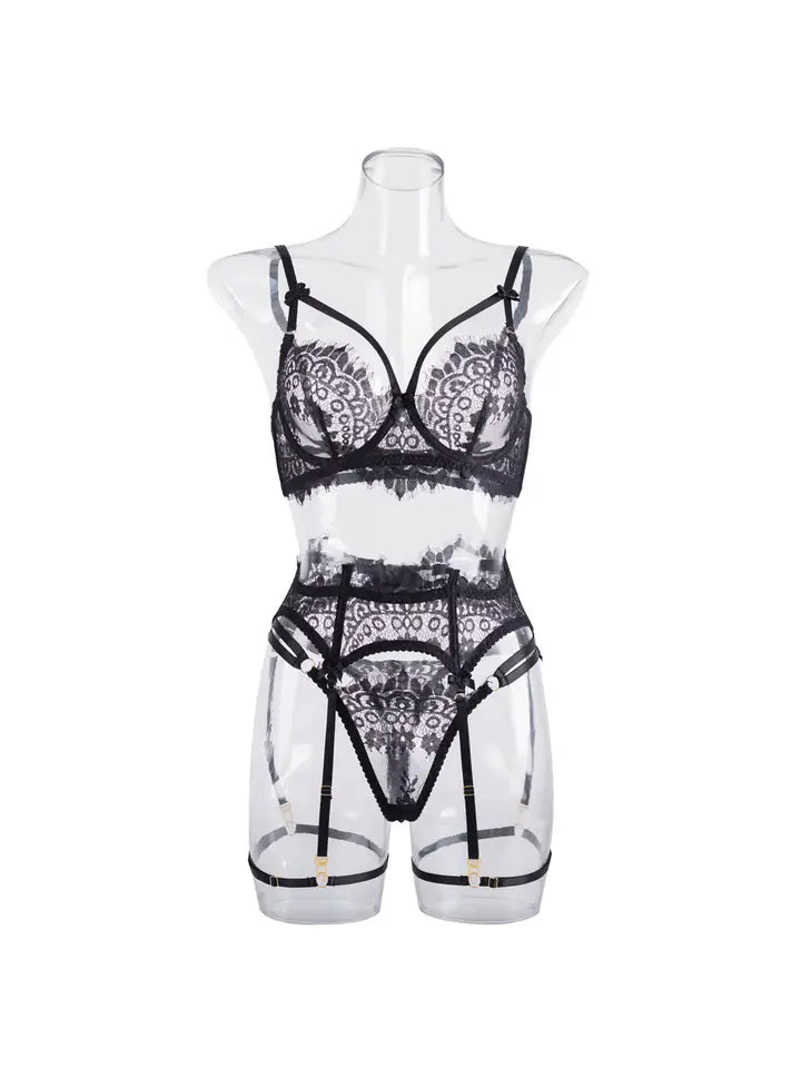 Sexy Lace Cut Out Lingerie Set with Garter Belt LS1507-