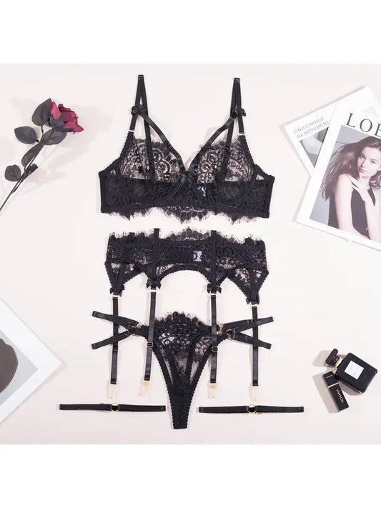 Sexy Lace Cut Out Lingerie Set with Garter Belt LS1507-