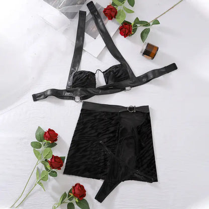 Sexy Leather Zebra Pattern Halter Skirt Underwear Suit