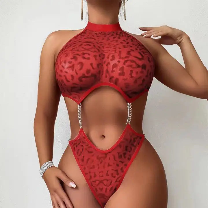 Sexy Leopard Print Halter Mesh See-through Jumpsuit