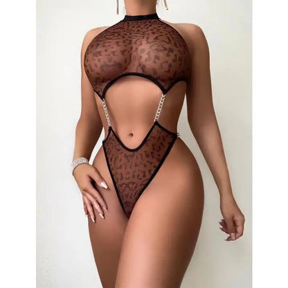 Sexy Leopard Print Halter Mesh See-through Jumpsuit