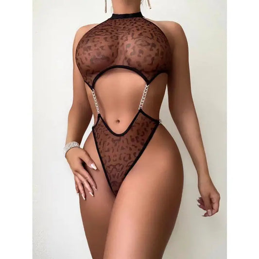 Sexy Leopard Print Halter Mesh See-through Jumpsuit