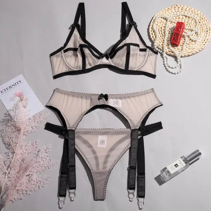 Sweetkama Gauze Garter Belt Bra Lingerie Set