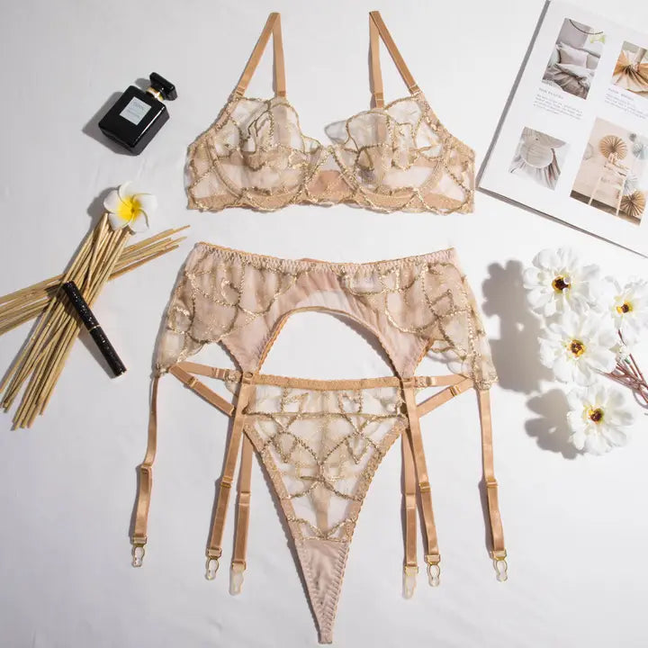 Sweetkama Golden Gathering Garter Belt Bra Lingerie Set