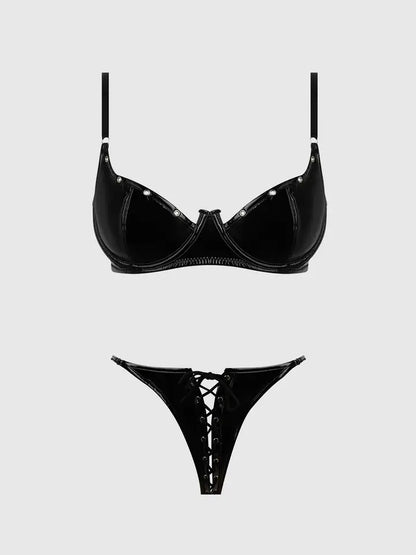 TRINITY PATENT BRA & LACE UP CROTCHLESS PANTY SET
