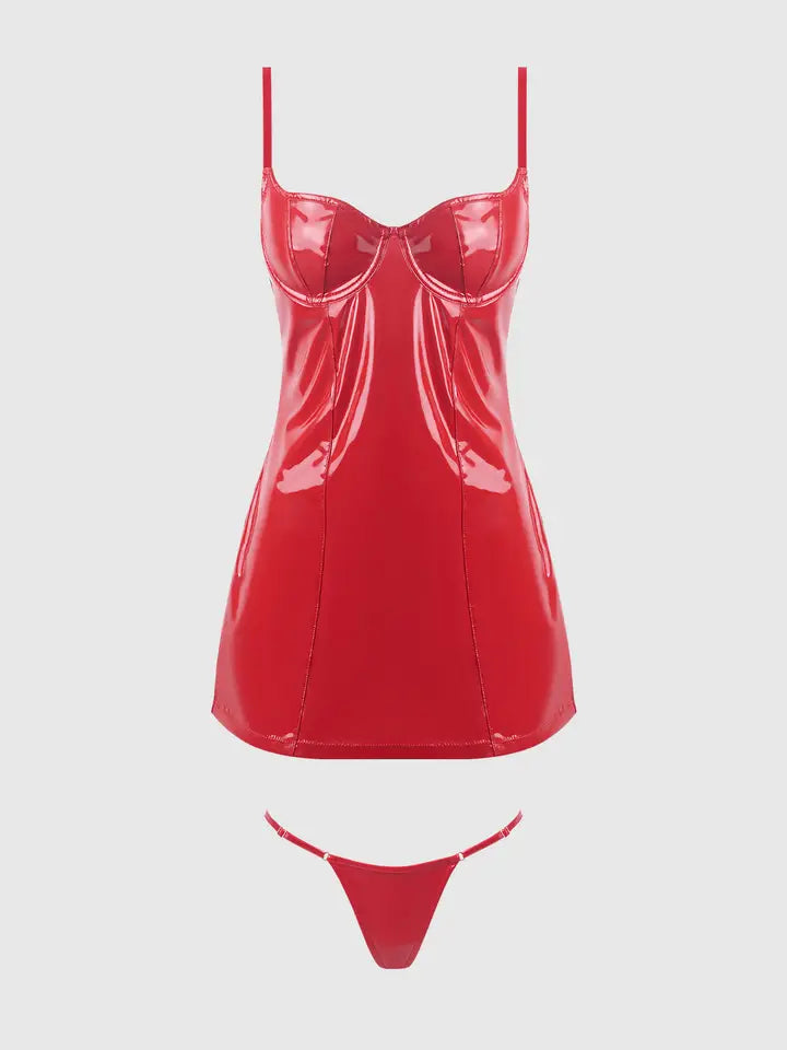 TRINITY PATENT CHEMISE & G-STRING SET