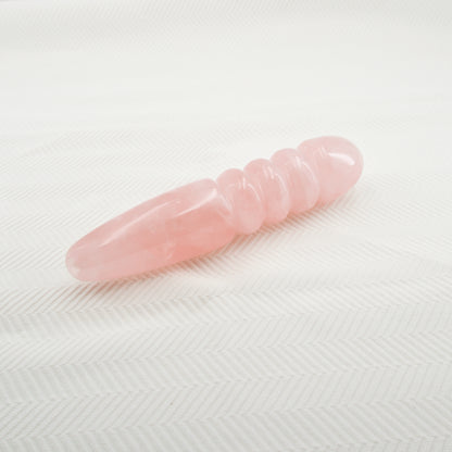 Unduluna handcrafted rose quartz crystal wand made from natural rose quartz for meditation, mindfulness, energy work, chakra balancing, relaxation, and luxury self-care rituals.