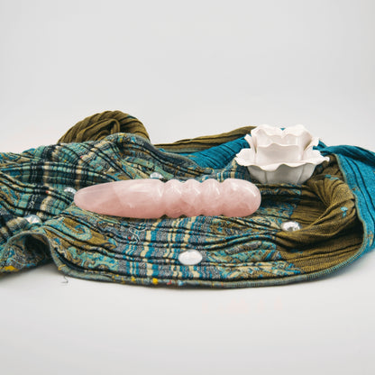 Unduluna handcrafted rose quartz crystal wand made from natural rose quartz for meditation, mindfulness, energy work, chakra balancing, relaxation, and luxury self-care rituals.