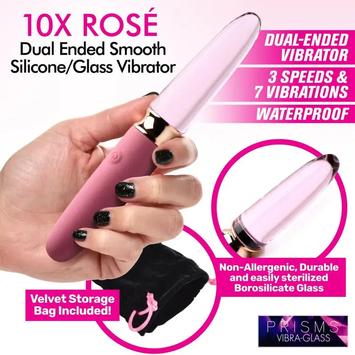 Vibra-Glass 10X Rosé Dual Ended Silicone & Glass Vibrator | Pink